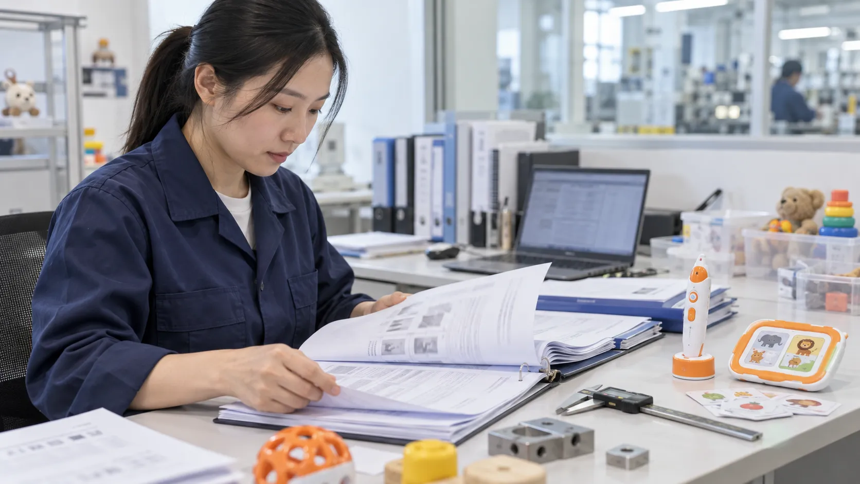 Asian compliance specialist reviewing US toy test reports beside educational electronic products