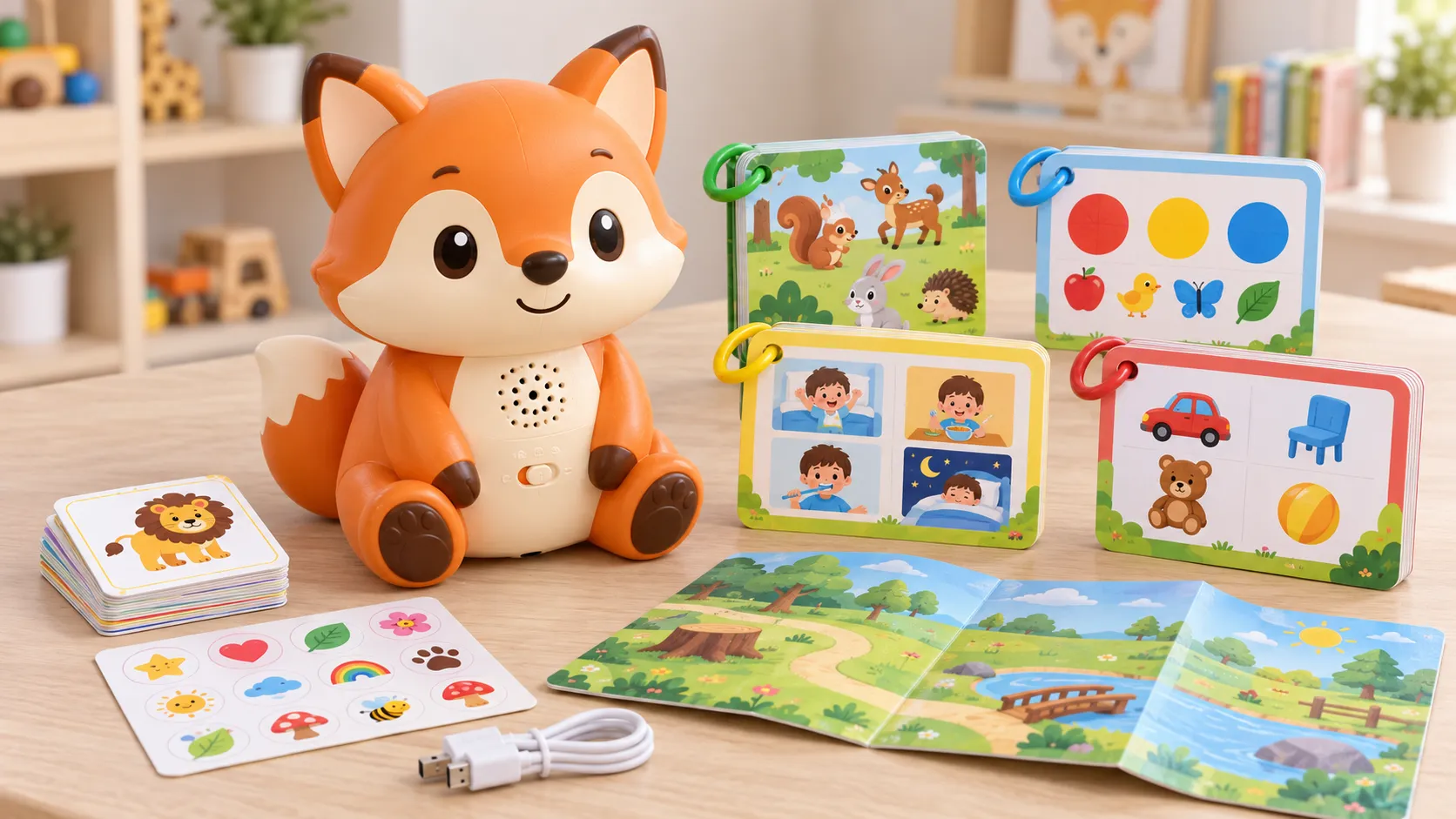 Custom branded talking toy set with character housing, learning boards, cards and original content assets
