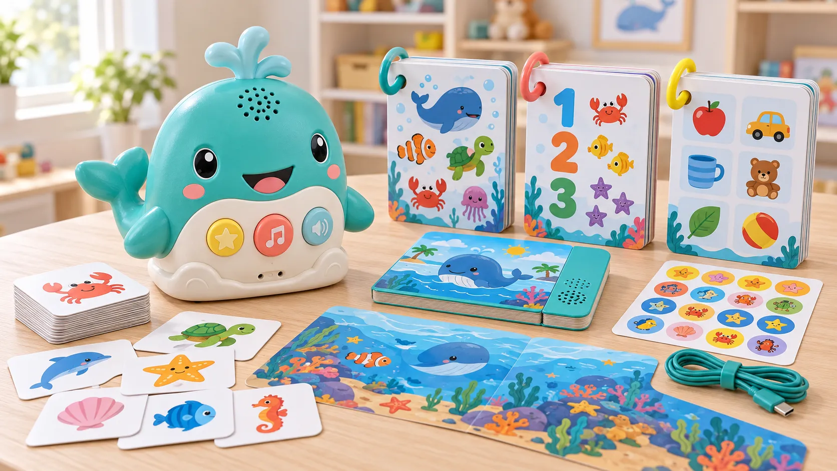 Teal whale talking learning toy with ocean boards, sound storybook, picture cards, stickers, foldout mat and charging cable