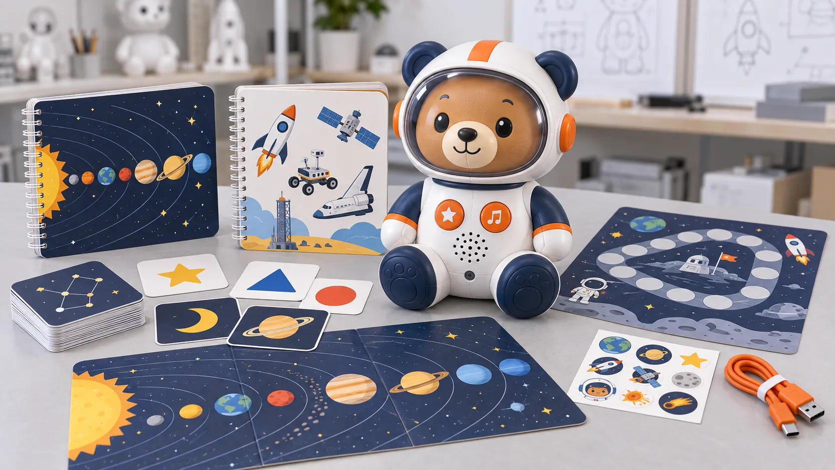 Custom talking character toy with learning cards representing professional voice and audio production
