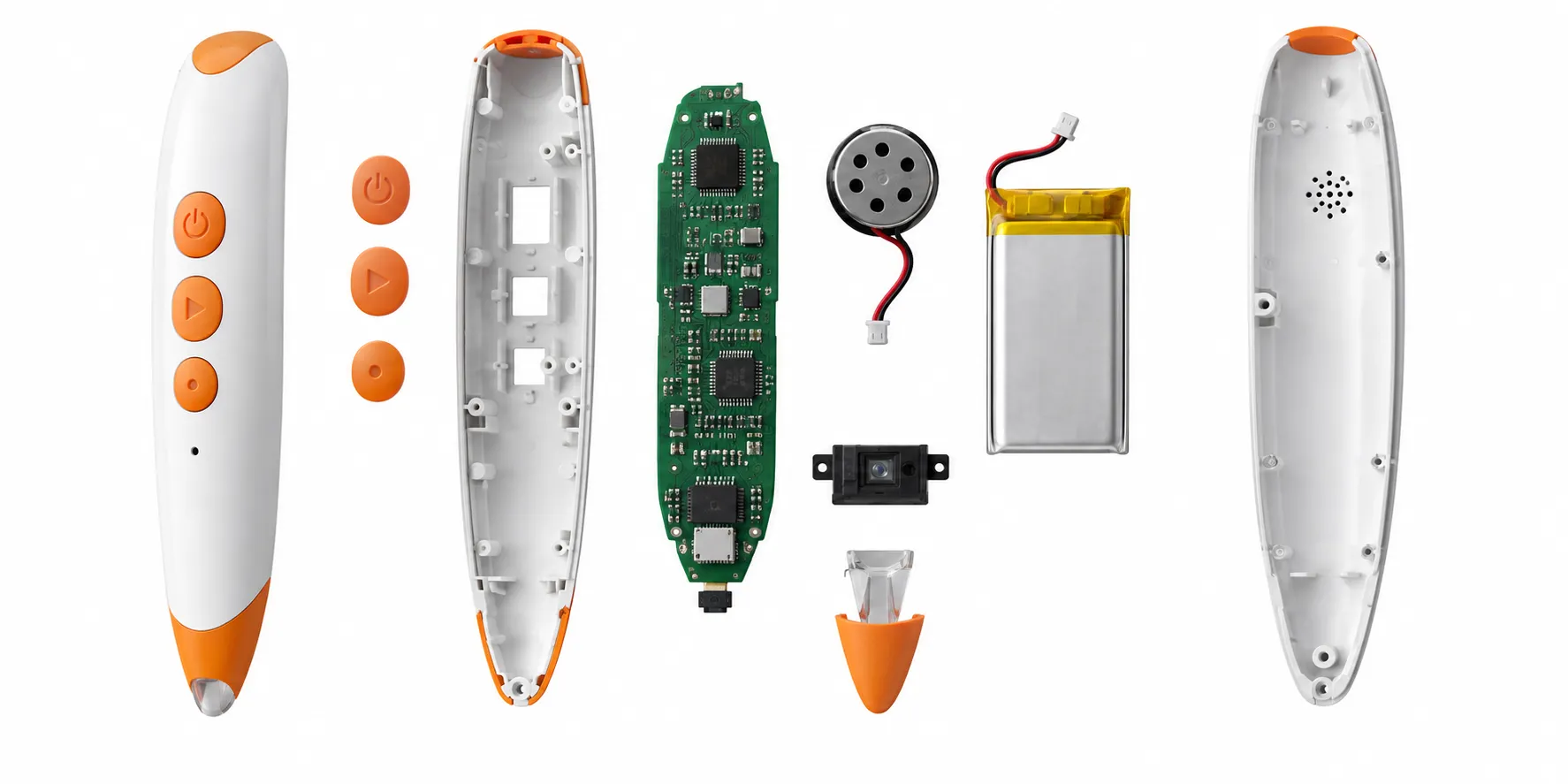Exploded technical view of a talking reading pen with housing, circuit board, speaker, battery and optical sensor