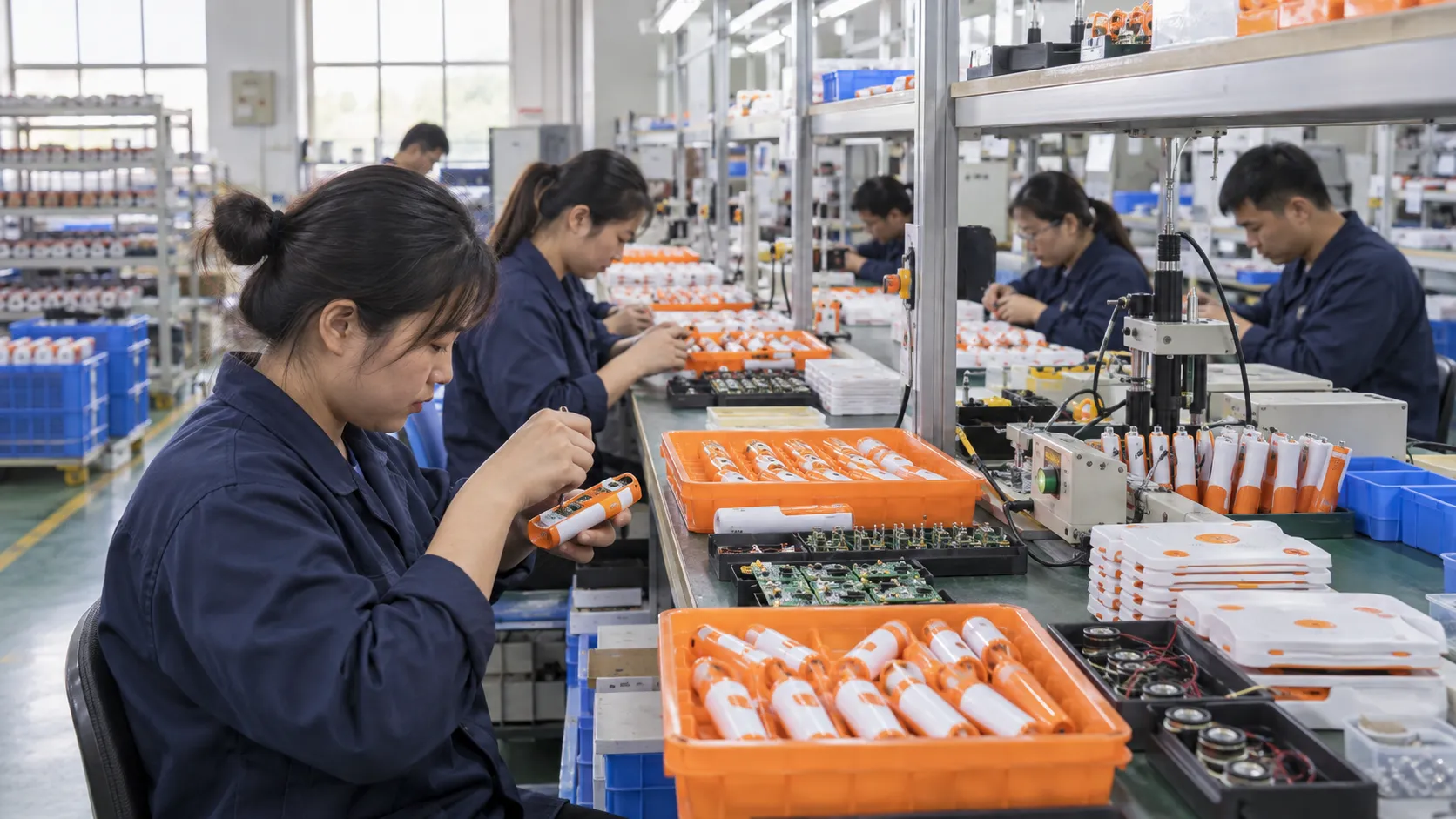 Asian electronics factory team assembling talking reading pens at a controlled production line