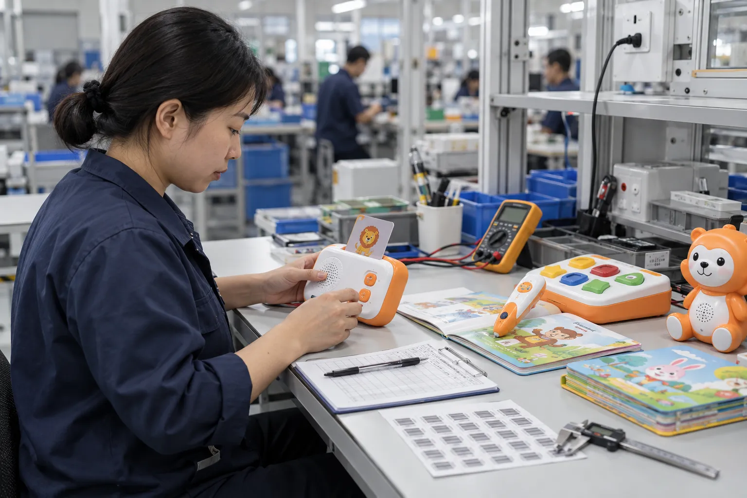 Asian quality technicians inspecting electronic learning toys at a bright factory quality control station