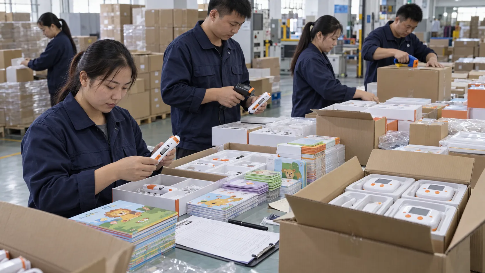 Asian factory packing team inspecting educational learning products, inserts and export cartons