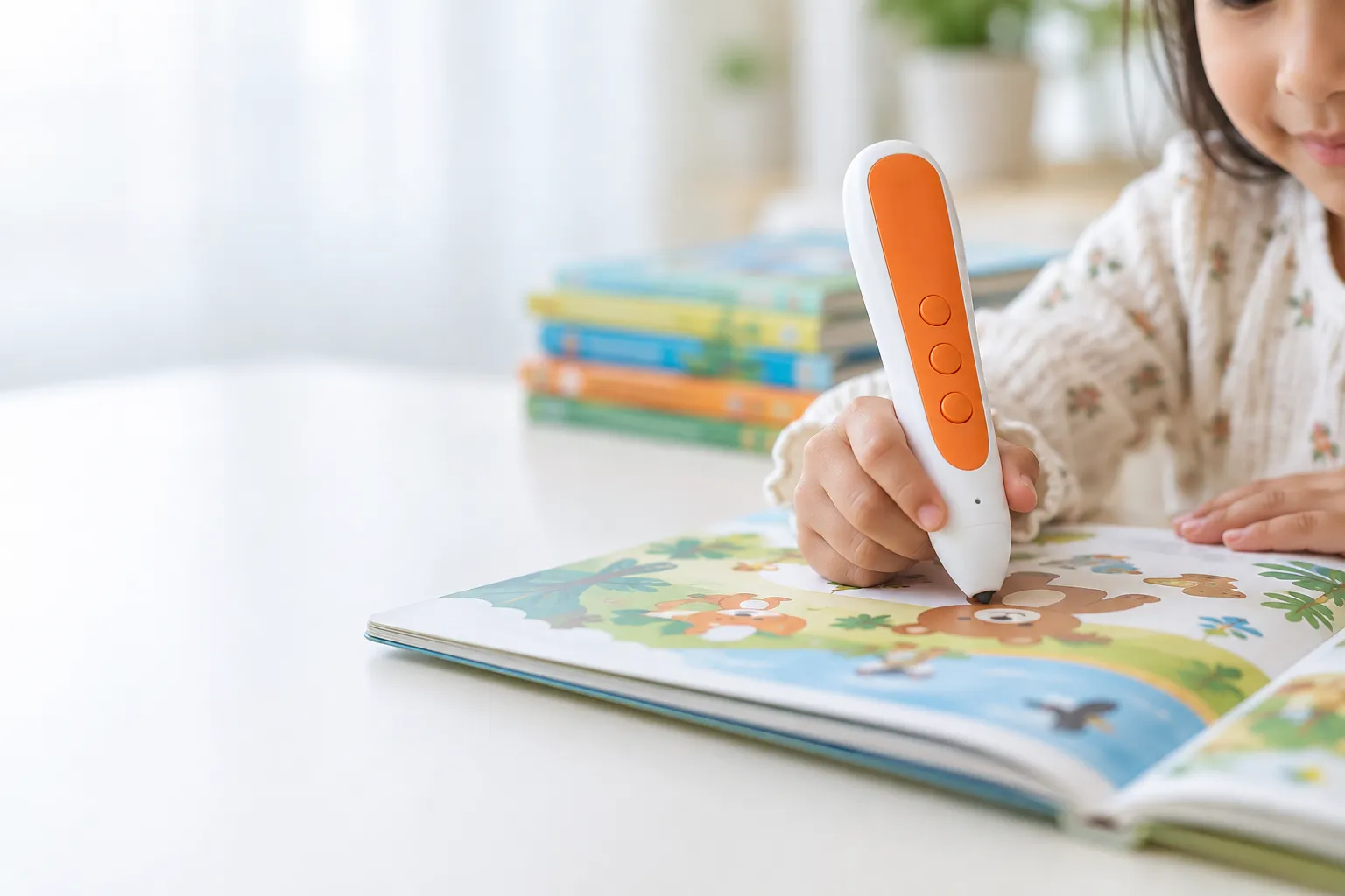 Child using a talking reading pen with an illustrated learning book