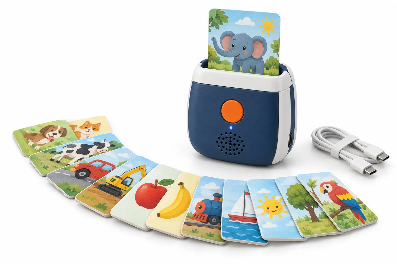 Custom children's talking flash card machine with illustrated vocabulary cards and retail packaging