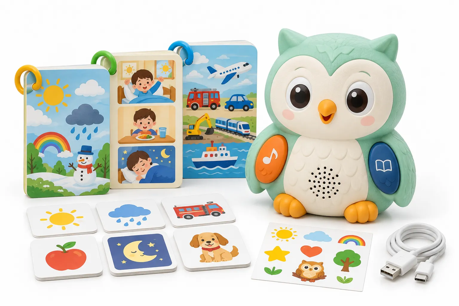 Custom interactive children's talking character toy with illustrated learning accessories