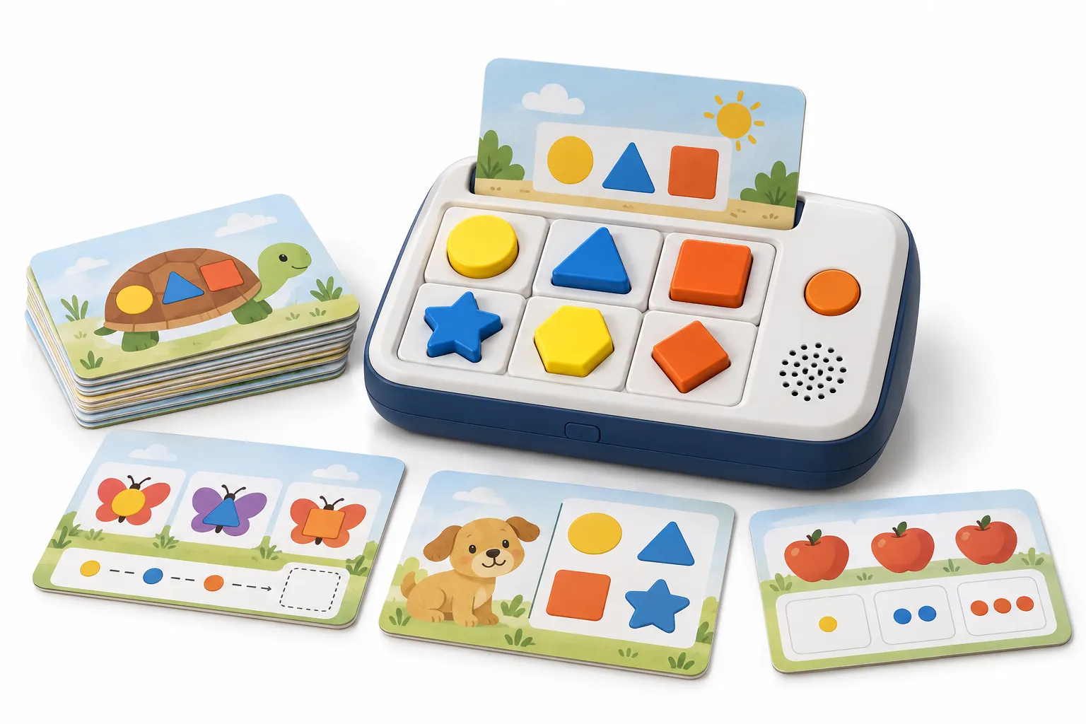 Custom children's logic learning machine with colorful activity pieces and illustrated challenge cards