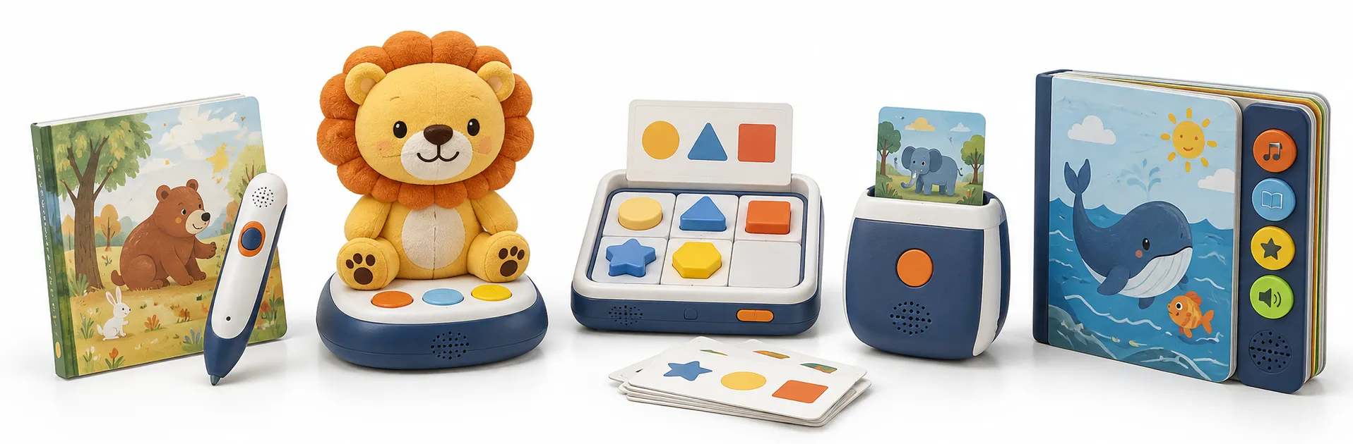Talking reading pen, flash card learning machine and sound book arranged as an educational product range