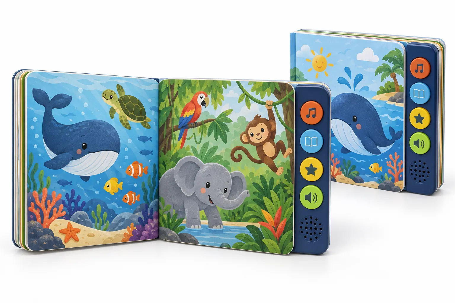 Custom children's sound board book with integrated audio buttons and colorful illustrated pages