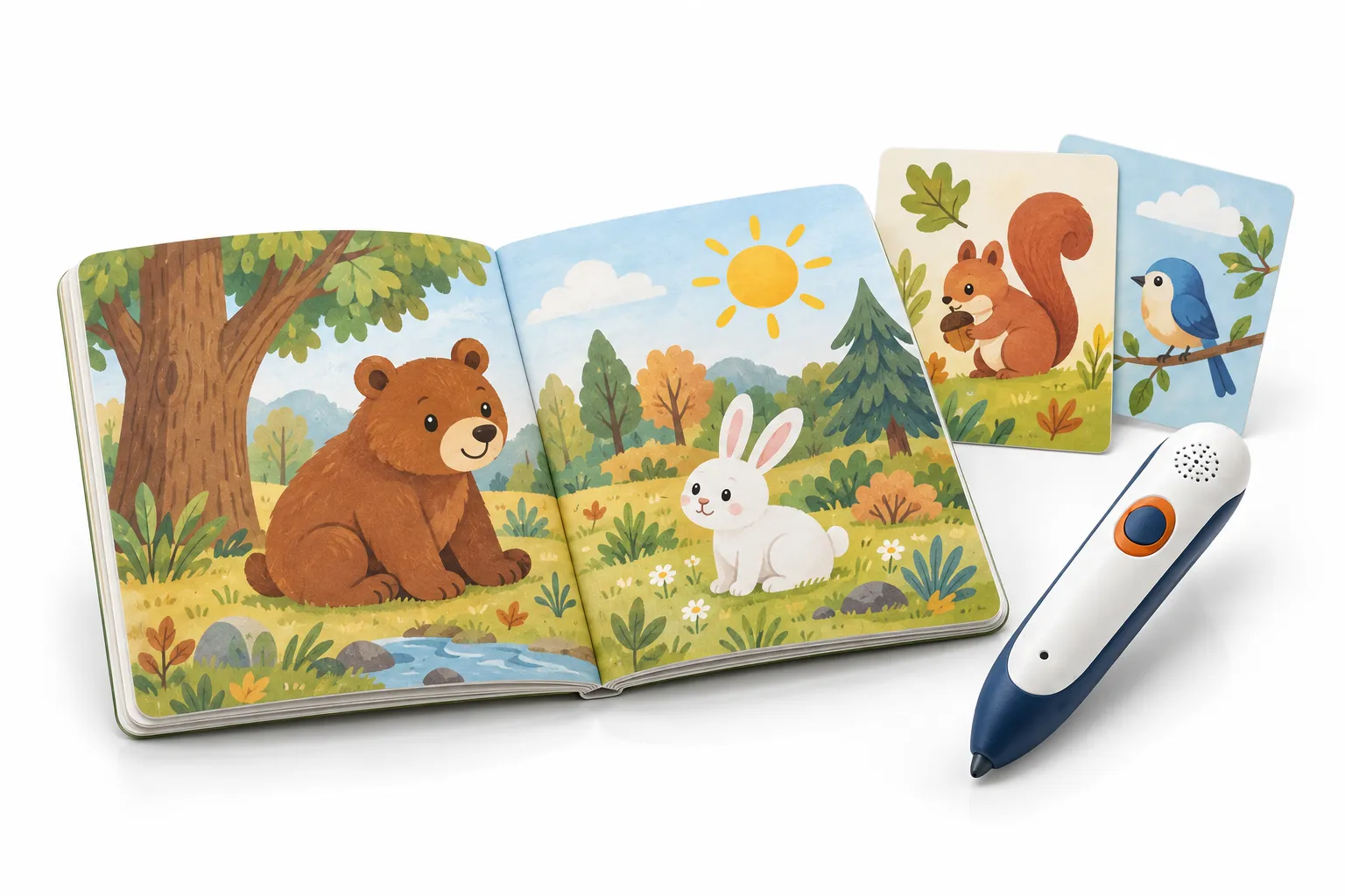 Talking reading pen beside OID-coded children's books, audio script sheets and content mapping documents